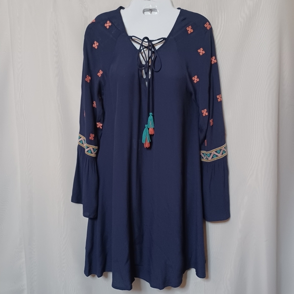 SUGAR + LIPS Navy Blue Embroidered Dress With Long Bell Sleeves. Size S - Picture 12 of 15